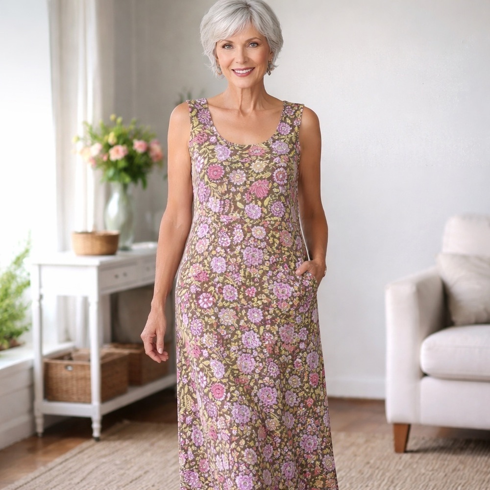 J. Jill Floral Maxi Dress Sleeveless Pink Olive brown Boho Cottagecore small S